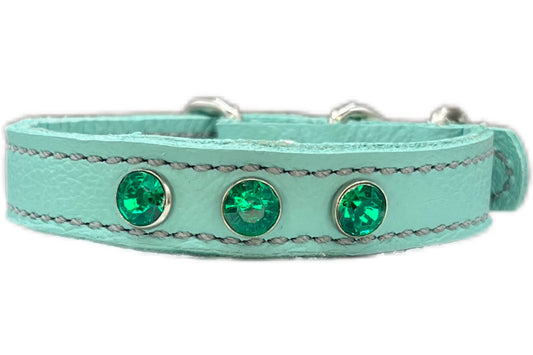 Extra Small Aqua Green Leather Collar with Jade Green gem rivets