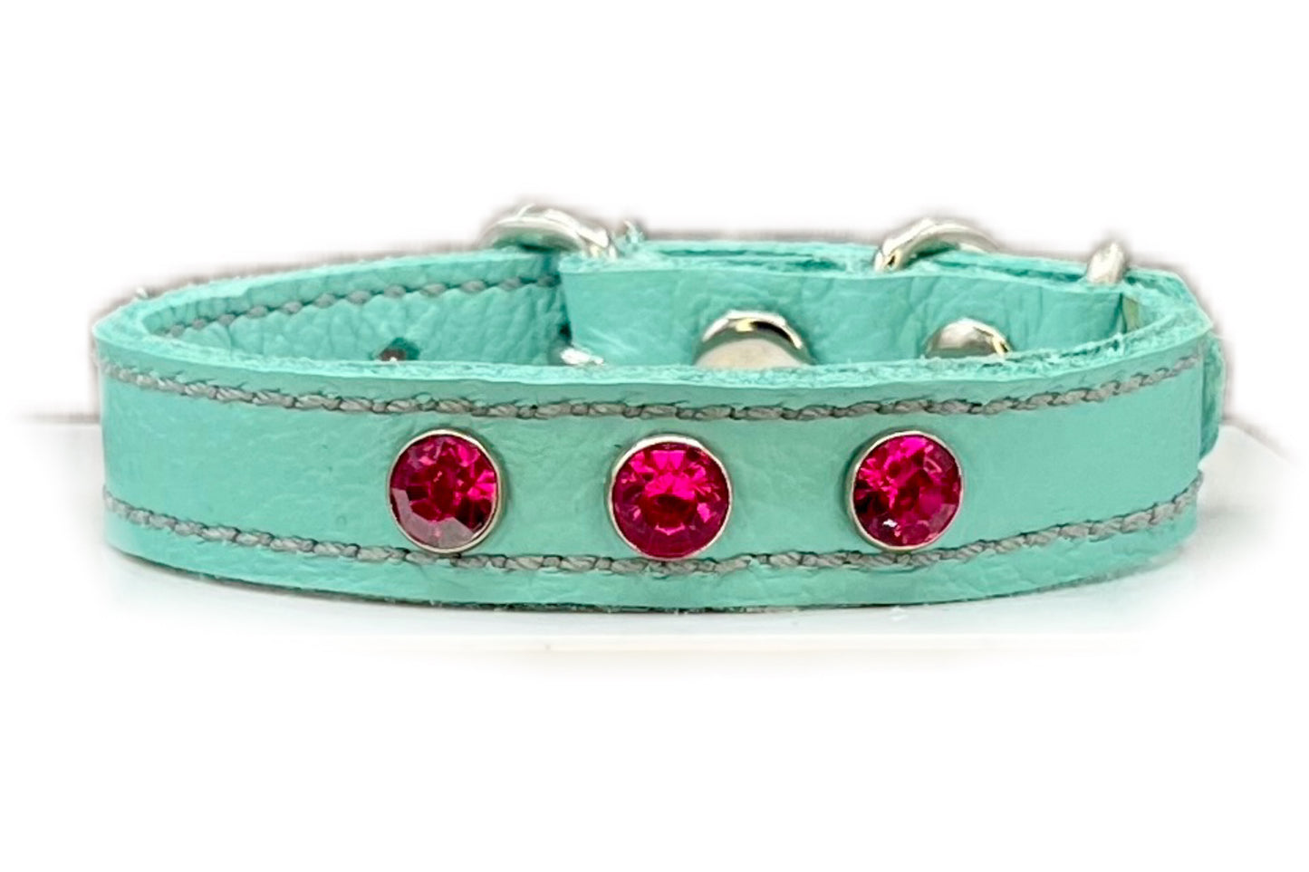 Aqua Green Leather Collar with Hot Pink gem rivets