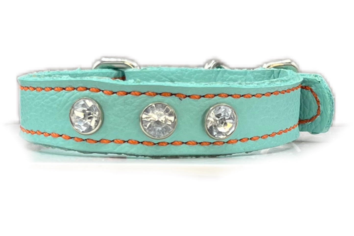 Aqua Green Leather Collar with Clear gem rivets