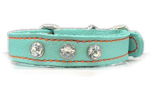 Extra Small Aqua Green Leather Collar with Clear gem rivets