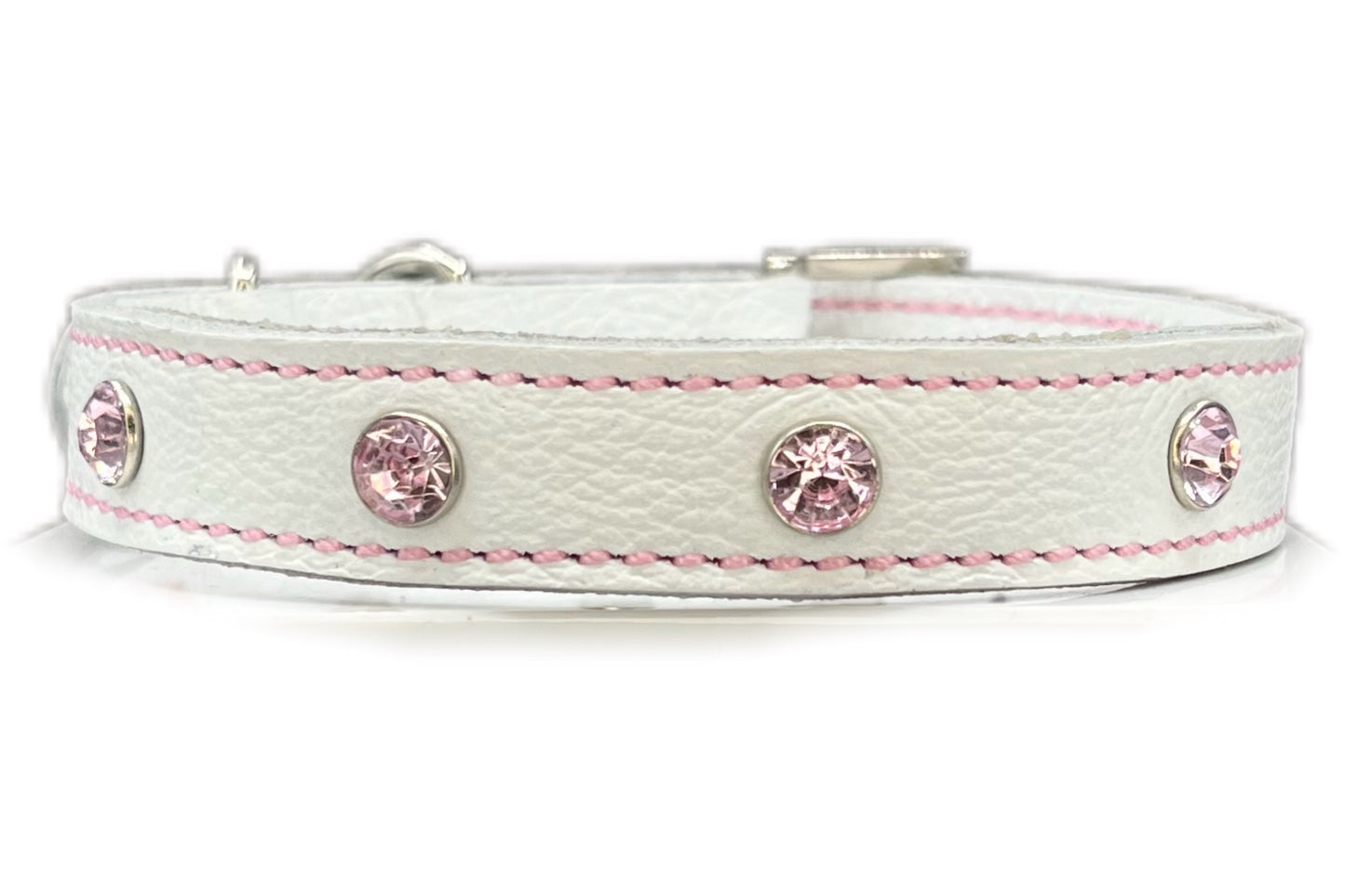 White Leather Collar with Light Pink Gem Rivets