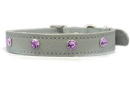 Grey Leather Collar with Lilac Gem Rivets
