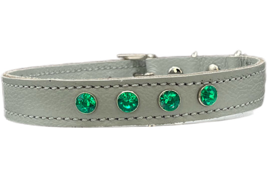 Small Grey Leather Collar with Jade Green Rivets