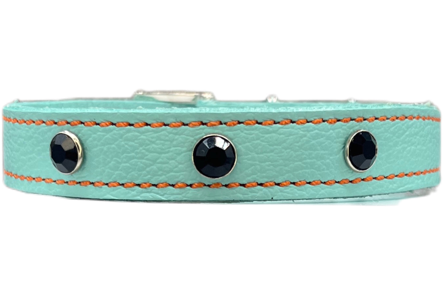 Aqua Green Leather Collar with Black Gem Rivets