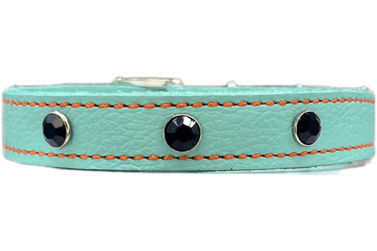 Aqua Green Leather Collar with Black Gem Rivets