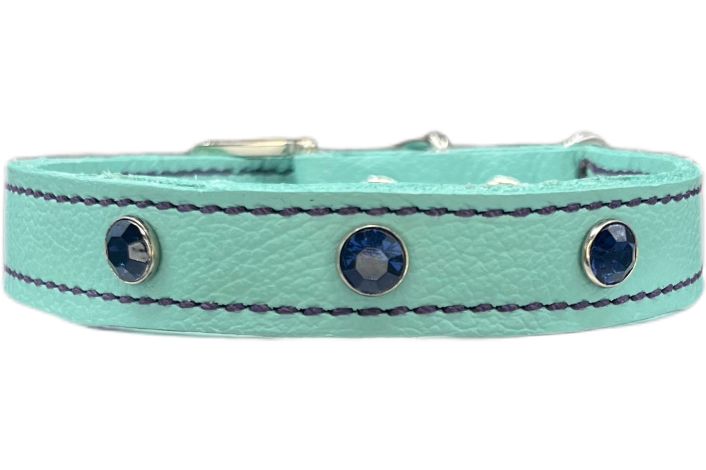Aqua Green Leather Collar with Midnight Blue Gem Rivets