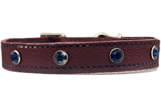 Small Red Leather Collar with Midnight Blue Gem Rivets