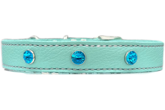 Small Aqua Green Leather Collar with Turquoise Gem Rivets