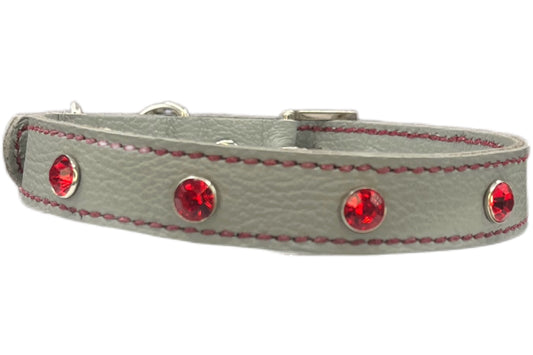 Grey Leather Collar wtih Red Gem Rivets