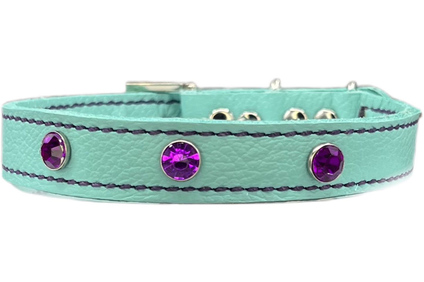 Aqua Green Leather Collar with Violet Rivets