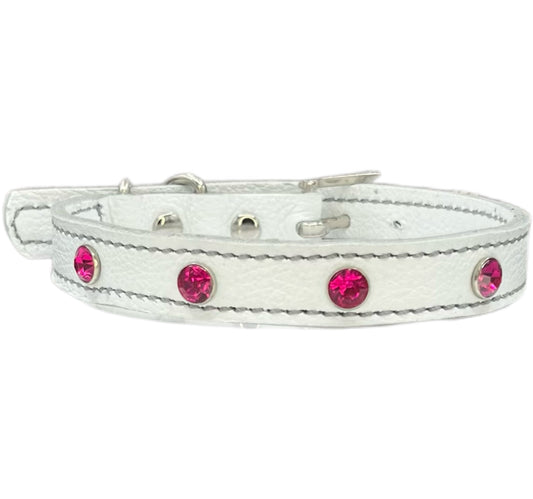 White Leather Collar with Hot Pink Rivets