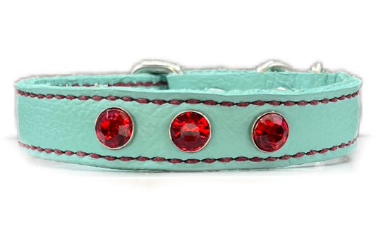 Extra Small Aqua Green Leather Collar with Red gem rivets