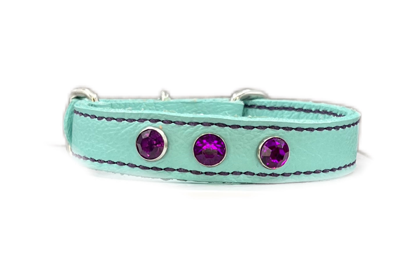 Extra Small Aqua Green Leather Collar with Violet gem rivets