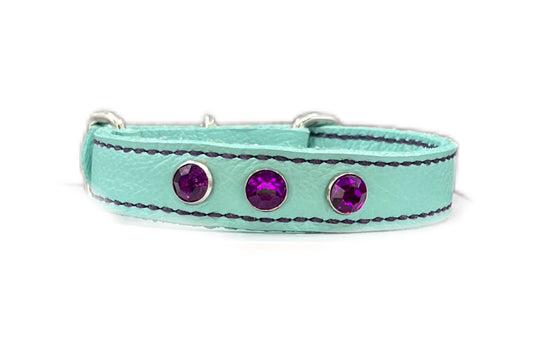 Extra Small Aqua Green Leather Collar with Violet gem rivets